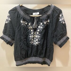 Lucky Brand Black Blouse with White Embroidery